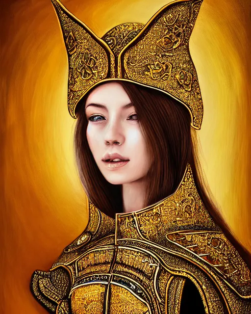 Prompt: enamel painting portrait of woman in shining golden armor, high production value, intricate details, high resolution, hdr, high definition, masterpiece, realistic, ultrarealistic, highly detailed, hd, sharp focus, non blurry, sharp, smooth