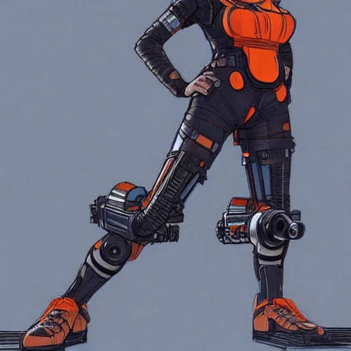 Image similar to cyberpunk mechanic lady with robotic legs. orange and black color scheme. concept art by james gurney and mœbius. apex legends character art