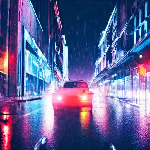 Image similar to neon city rainy bokeh in the background a flying car in the foreground night