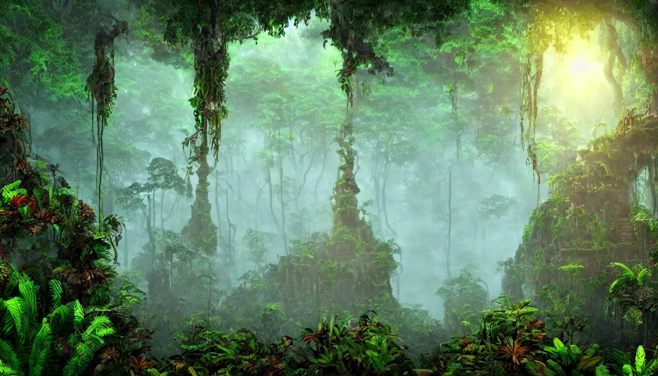 Image similar to entrance to the mayan jungle forest realm of biodiversity , side-scrolling 2d platformer game level, swirling clouds of magical mist in the trees, fantasy vegetation, majestic ancient temple pillar ruins, dramatic dusk sun illuminates areas, volumetric light , detailed entangled roots carpet the forest floor, rich color, upscale , 8k