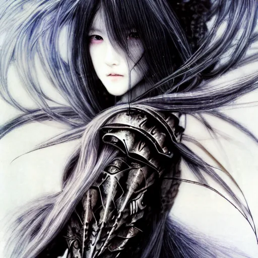 Image similar to yoshitaka amano blurred and dreamy realistic illustration of an anime girl with wavy white hair fluttering in the wind and cracks on her face wearing elden ring armour with the cape, abstract black and white patterns on the background, noisy film grain effect, highly detailed, renaissance oil painting, weird portrait angle