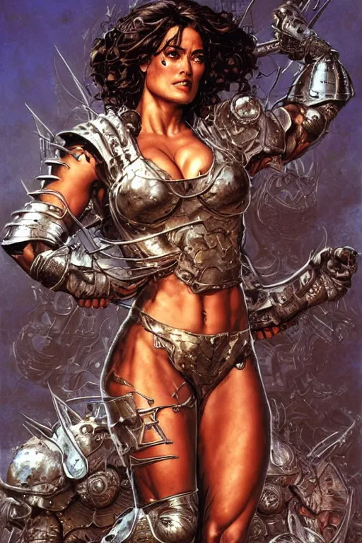 Prompt: muscular beautiful salma hayek wearing metal armor tombow artwork greg staples , dug stanat, norman rockwell , christophe young eytan zana , rumiko takahashi ,