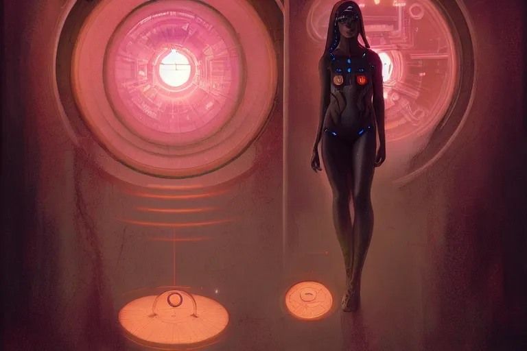 Image similar to patron saint 👩🏾 talking with machine, futuristic clothing, worm hole, neon god of city character portrait, in the style of moebius, wlop, tom bagshaw, and waterhouse, cinematic lighting, beautiful, elegant, oil painting,