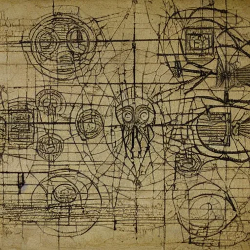 Prompt: Leonardo Davinci's blueprints for a lovecraftian god
