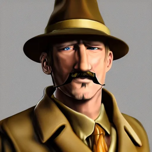 Prompt: blonde Viktor Reznov from Call of Duty: World at War portrait with a beige coat, a blonde goatee, thick moustache, short hair, beige fedora, and sunglasses, photorealistic, dramatic lighting