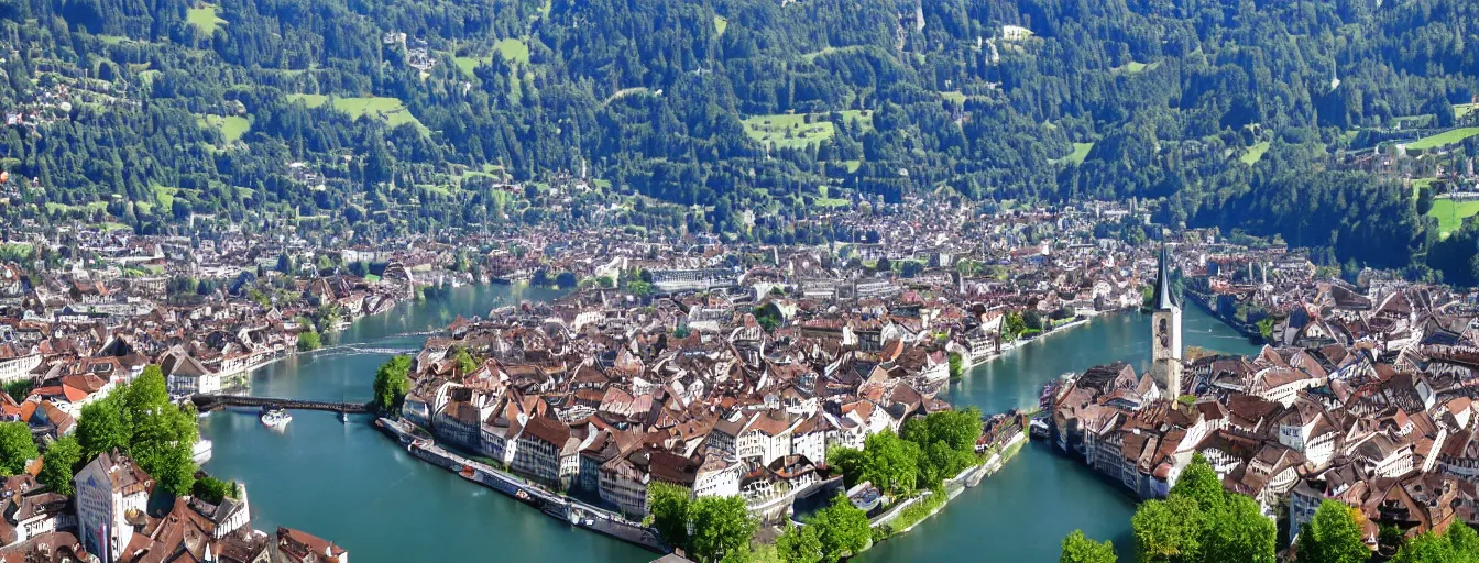 Image similar to Photo of Zurich, looking down the Limmat at the lake and the alps, Hardturm, Grossmünster, Lindenhof, Üetliberg, wide angle, volumetric light, hyperdetailed, light blue water, artstation, cgsociety, 8k