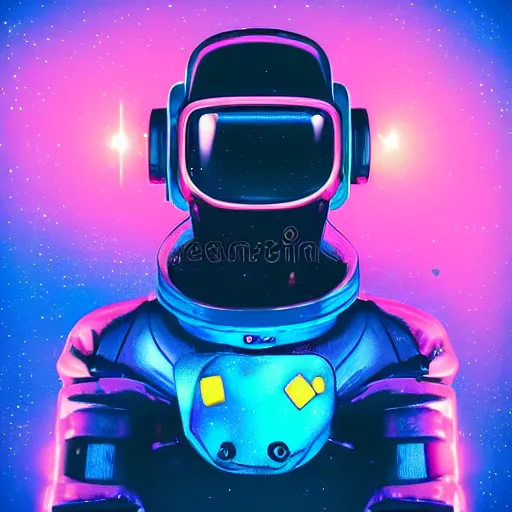 Image similar to cyberpunk astronaut bot, cinema 4 d, galaxy space sci - fi, wearing vr goggles, illustration, portrait, pastel neon textured background night, detailed,