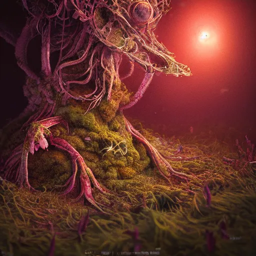 Image similar to a beautiful macro photography of moss with alien fungus, hyper detailed, warm volumetric lights, made by gerald brom and mike winkelmann, photorealism.