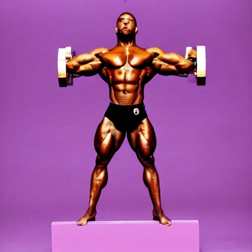 Prompt: 35mm picture of a bodybuilder standing next to a purple floating rectangle with lightning edges