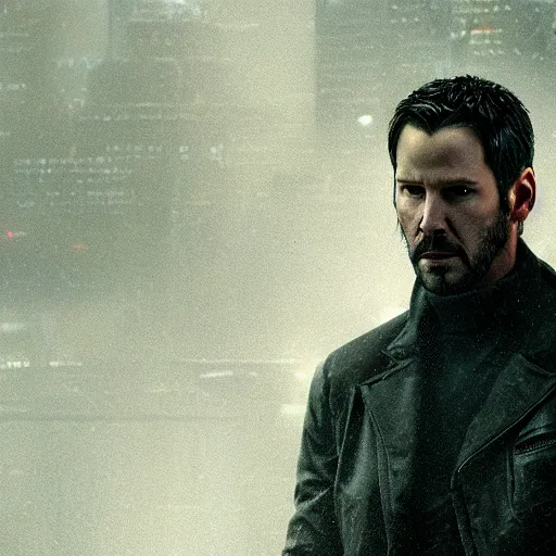 Image similar to epic cinematic film still of keanu reeves in blade runner 2 0 4 9, hyperdetailed, artstation, cgsociety, 8 k