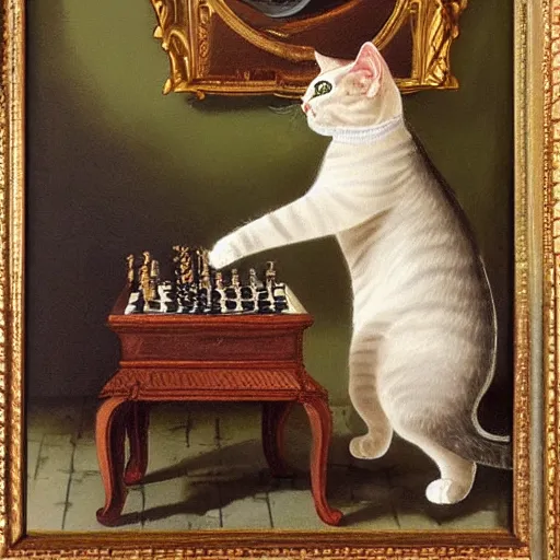 Image similar to cat playing chess looking wise, rococo oil painting