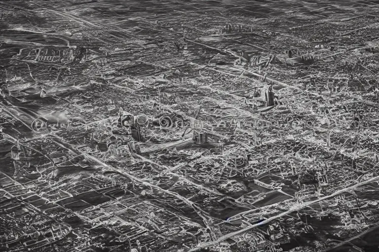 Image similar to steampunk city covered in flames, aerial shot, 120mm black and white photograph,