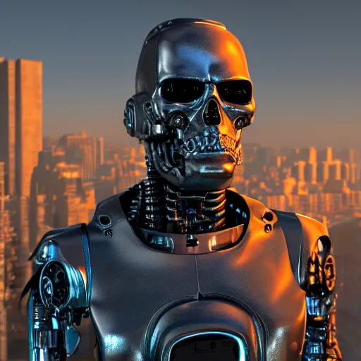 Prompt: portrait of a terminator with borg enhancements, gears are visible inside it's head, ultra detailed 8k. There is a dystopian city in the background. Rendered with unreal 5 engine with ray tracing and tessellation