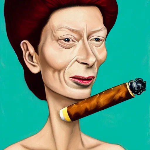 Image similar to an oil painted caricature of tilda swinton with a cuban cigar in her hand, blowing out smoke, by salvador dalí, trending on art station, 4K, studio ghibli color scheme