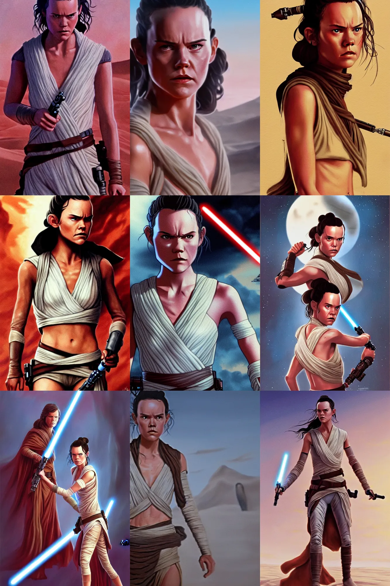 Prompt: controversial star wars rey deleted scene, sequel trilogy, scandal, 7 0 s airbrush, fanart, desert