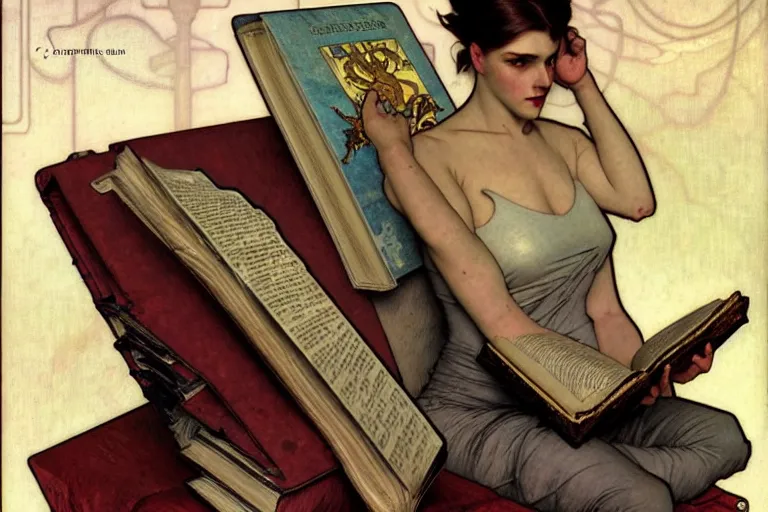 Image similar to !dream a cyborg reading from an old book with a leather cover, art by John Collier and Albert Aublet and Krenz Cushart and Artem Demura and Alphonse Mucha