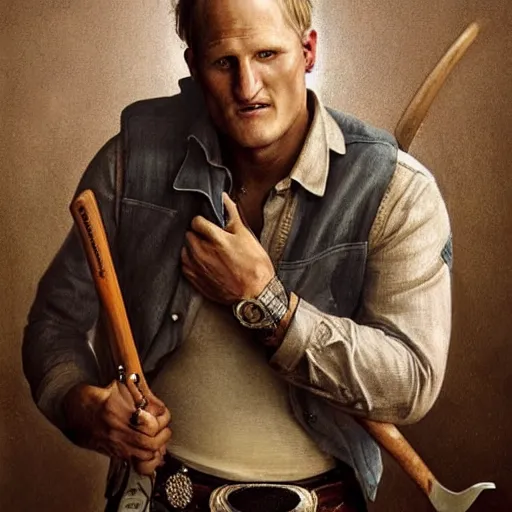 Image similar to portrait painting of woody harrelson, with a cowboy hat and bloody golf club, ultra realistic, concept art, intricate details, eerie, highly detailed, photorealistic, octane render, 8 k, unreal engine. art by artgerm and greg rutkowski and alphonse mucha