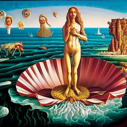 Image similar to THE BIRTH OF VENUS by jacek yerka, alex gray, zdzisław beksiński, dariusz zawadzki, jeffrey smith and h.r. giger, oil on canvas, 8k highly professionally detailed, trending on artstation