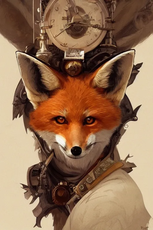 Image similar to heroic character design of anthropomorphic whimsical fox, portrait, western, steampunk, clint eastwood face, duster, fantasy, intricate, elegant, highly detailed, digital painting, artstation, concept art, sharp focus, illustration, art by artgerm and greg rutkowski and alphonse mucha