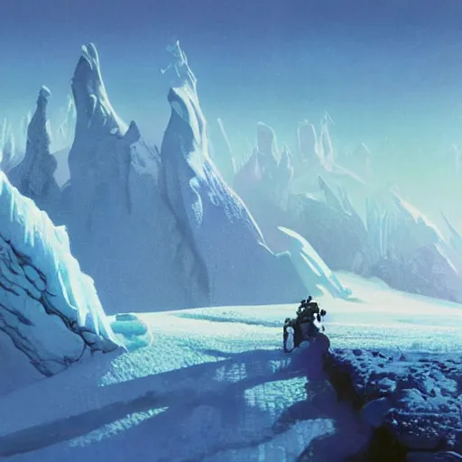 Image similar to Frozen frontiers on an alien planet, mountains above clouds in the background, Syd Mead, John Harris, Federico Pelat,