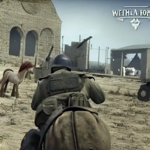 Image similar to My Little Pony in World War 2 battlefield footage taken on old camera