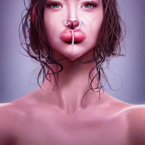 Prompt: hight focus of a wonderful sweet wonderful symmetrical profile portrait of a lady with a clear skin, with a rose in the center of her lips, daz, emotional, new concept art, new interpretation of portrait, new era, digital art, fine art, dramatic light, cinematic, expressive, artstation, octane render 8 k s 1