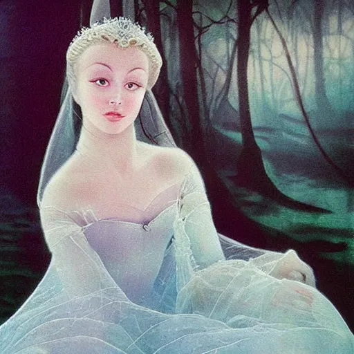 Image similar to A painting, beauty & mystery of Princess Aurora. Enigmatic smile and gaze invite us into her world, and we cannot help but be drawn in. Soft features & delicate way she is dressed make her almost ethereal. Landscape distance and mystery. What secrets Princess Aurora holds. Hadean by Gordon Parks, by Ed Emshwiller