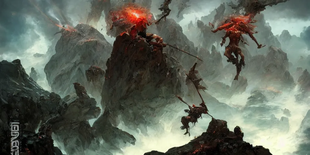 Prompt: epic battle barbarian norse gods thunder inverted individual rocks hanging from the sky two worlds facing each other horizontal symmetry inception good composition artstation illustration sharp focus sunlit vista painted by ruan jia raymond swanland lawrence alma tadema zdzislaw beksinski norman rockwell tom lovell alex malveda greg staples
