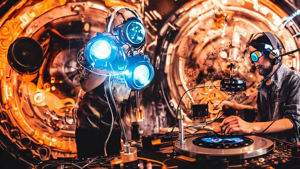 Prompt: a person wearing goggles and visor and headphones using a steampunk record player contraption, wires and tubes, turntablism dj scratching, intricate planetary gears, complex, cinematic, imax, sharp focus, iridescent, black light, fog machine, lasers