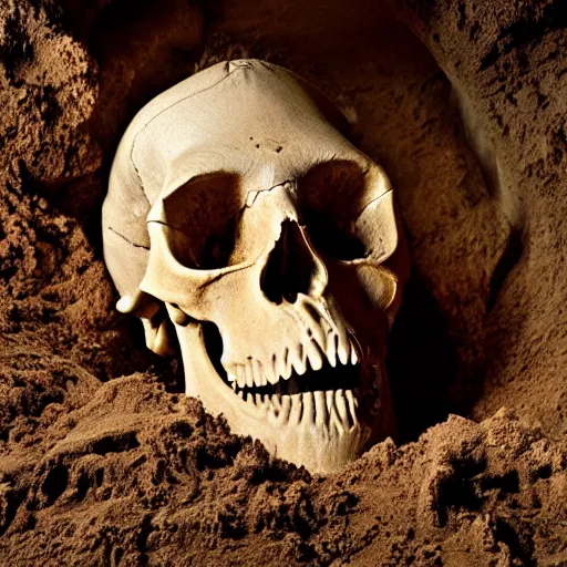 Prompt: Palaeontologists discover giant human skull, partly buried. Award winning photography, National Geographic.