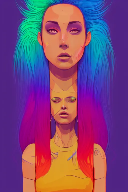 Prompt: a award winning half body portrait of a beautiful woman with stunning eyes in a croptop and cargo pants with rainbow colored ombre hairstyle head in motion and hair flying by josan gonzales, outrun, vaporware, shaded flat illustration, digital art, trending on artstation, highly detailed, fine detail, intricate