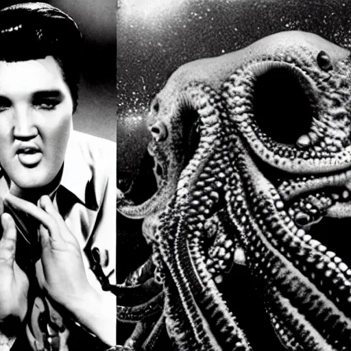 Image similar to photograph of elvis meeting octopus aliens from another world, in alien spaceship