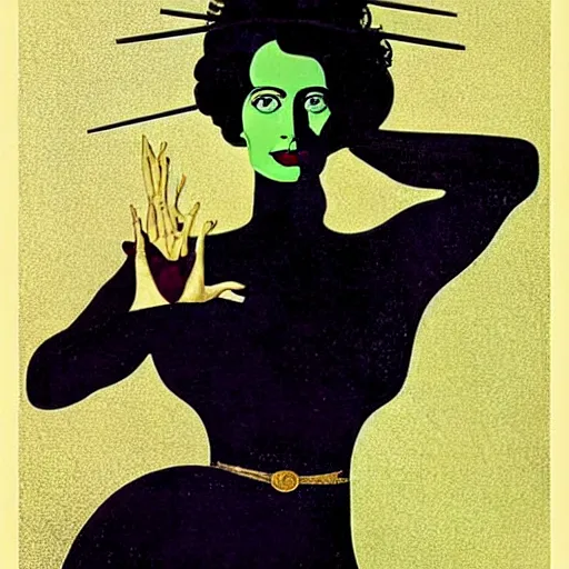 Image similar to Eva Green, Art by Coles Phillips, Gilded outfit, Jet black hair, Green eyes, Portrait of the actress, Elsa Lanchester as Morpheus, geometric art, poster, no text, Mucha, Kandinsky, carbon blac and antique gold