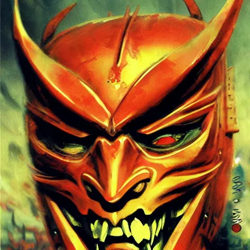 Prompt: demon samurai mask on hell by john berkey, mario feng, mohamed reda