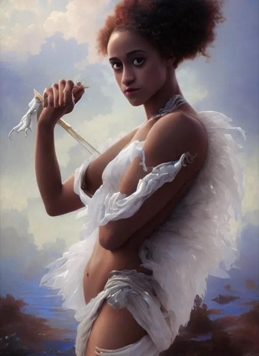 Image similar to dramatic upper body portrait of Nathalie Emmanuel as a dark-skinned la sirene Haitian mermaid goddess by Ruan Jia and Mandy Jurgens and Artgerm and william-adolphe bouguereau, underwater, white sheer fabric, white lilies, shells, mirrors, marvel comics, intricate, highly detailed, smooth, artstation, digital illustration by julie bell and Ruan Jia and Mandy Jurgens and Artgerm and William Adolphe Bouguereau and John Collier and Greg Rutkowski and Frank Frazetta