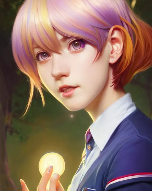 Image similar to side portrait of an innocent lost college girl, magic school uniform, multi - colored hair, short hair style, fantasy building, intricate, sharp focus, lens flare, bloom, rim light, illustration, highly detailed, digital painting, concept art, matte, art by wlop and artgerm and greg rutkowski and alphonse mucha, masterpiece