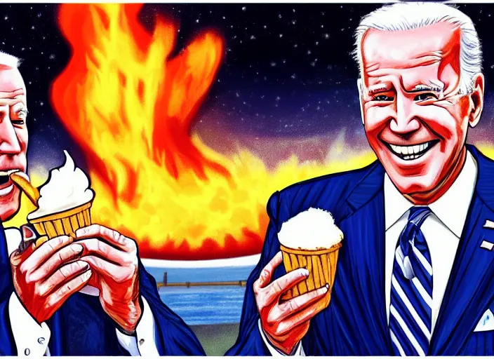 Image similar to cinematic artwork close up of joe biden eating an ice cream with the whitehouse on fire behind him beautiful artwork by rutowski, realistic, 4 k, masterpiece