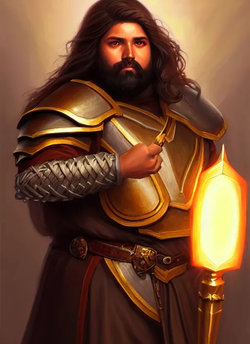 Image similar to a _ fantasy _ style _ portrait _ painting _ of esfandtv light brown male holy paladin with long wavy brown hair chubby and beard, hammer weapon, rpg dnd oil _ painting _ unreal _ 5 _ daz. _ rpg _ portrait _ extremely _ detailed _ artgerm _ greg _ rutkowski _ greg