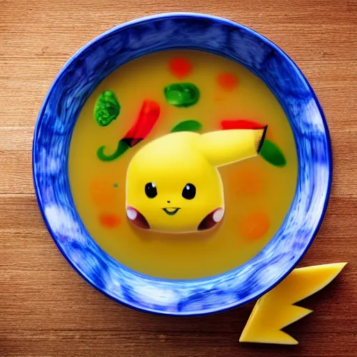 Prompt: hyperrealistic photo of a bowl of soup made of pikachu shaped pasta