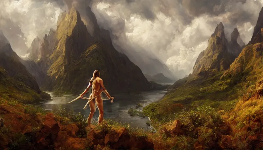 Image similar to excellent painted daemon in a wide epic beautiful landscape somewhere in south america with fluffy clouds, painted by Hans Fredrik Gude, Greg Rutkowksi, Craig Mullins and Artgerm, masterpiece, 4k, ultra realistic highly detailed oil painting