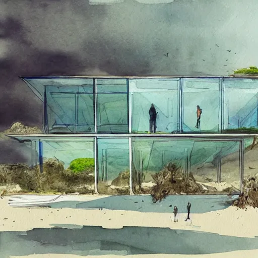 Prompt: watercolor sketch of organic rectangular architecture concept, sea, by greg rutkowski, renzo piano, sketche, villa, people, beach, artistic, ecology, green.