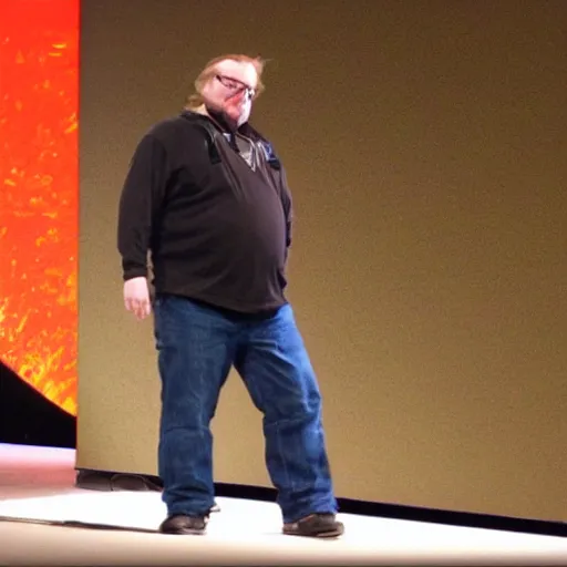 Image similar to gabe newell on stage presenting half life 3 logo