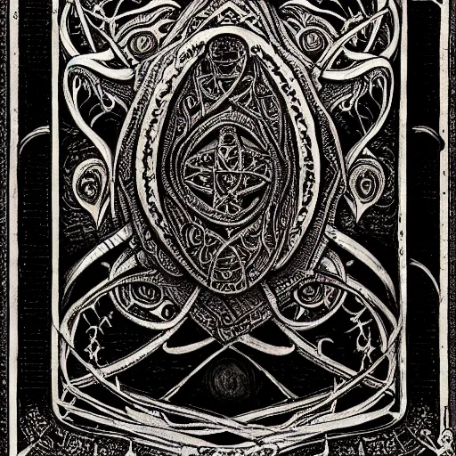 Prompt: an old book with an intricate design on it, a detailed painting by h. p. lovecraft, deviantart, gothic art, lovecraftian, apocalypse art, fractalism