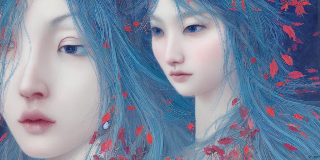 Image similar to breathtaking detailed concept art painting pattern of blue hair faces goddesses amalgamation autumn leaves with anxious piercing eyes, by hsiao - ron cheng and james jean, pastel colors, bizarre compositions, exquisite detail, 8 k