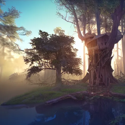 Image similar to an old mystical treehouse in the middle of witchwood swamp, golden hour, ray tracing reflection, 8k, hyper realistic, insanely detailed, hdr, octan render,