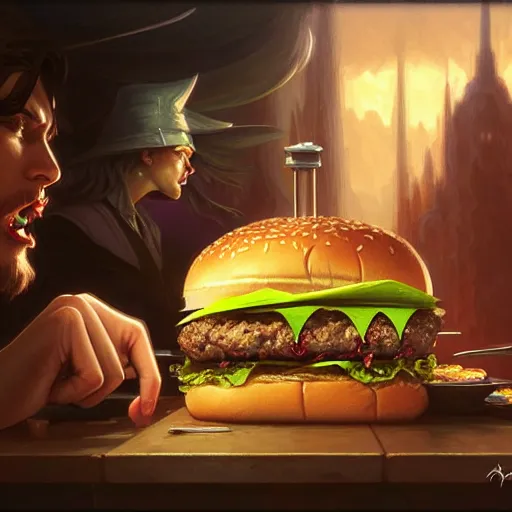 Image similar to Maxmoefoe eating a burger, closeup, D&D style, fantasy, intricate, elegant, highly detailed, digital painting, artstation, concept art, matte, sharp focus, illustration, art by Artgerm and Greg Rutkowski and Alphonse Mucha