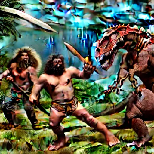 Image similar to A large dinosaur! fighting with several realistic detailed cavemen with proportioned bodies, next to the dinosaur are cavemen, the cavemen are armed with spears, the caveman are in a fighting stance, the cavemen are wearing animal furs, one caveman is stabbing the dinosaur with his spear, one caveman is cowering in fear, coarse canvas, visible brushstrokes, intricate, extremely detailed painting by Giorgione (and by Greg Rutkowski)