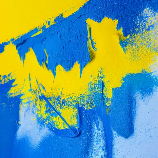 Prompt: a photo of blue paint mixing with yellow paint on an artist's canvas