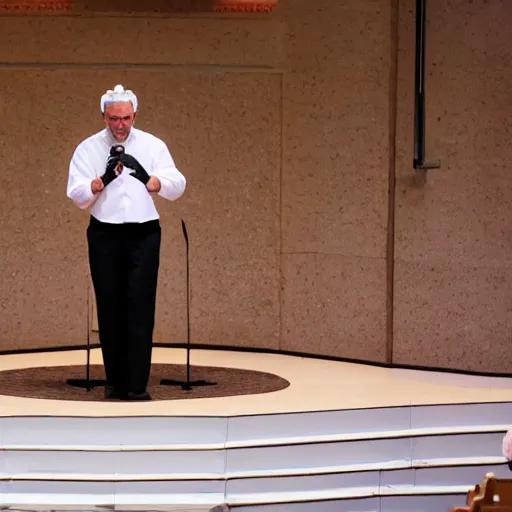 Prompt: jeffery epstein, dressed up as catholic priest, speaking to a congregation, 8 k, realistic.