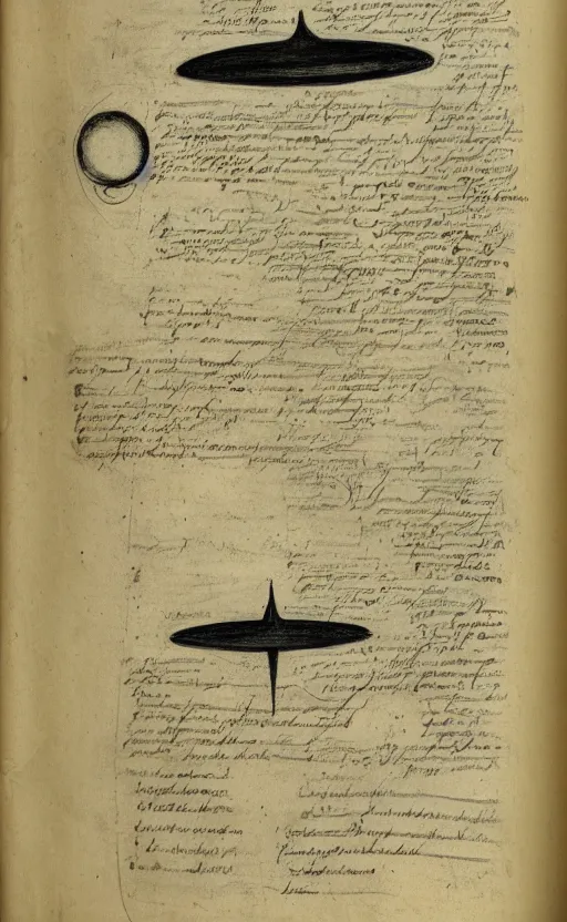 Prompt: page of the voynich manuscript with a drawing depicting a UFO in the sky